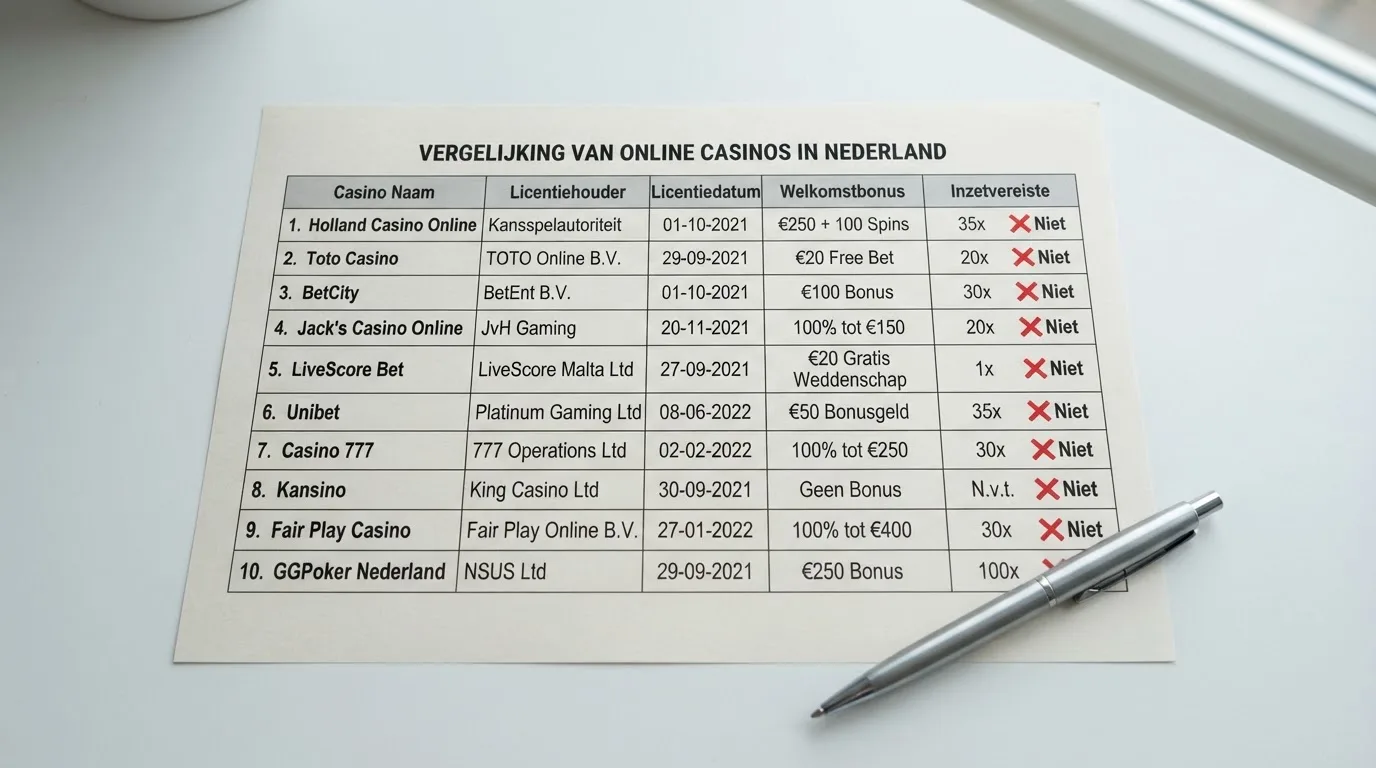 Vergelijkingstabel van tien vergunde casino's met licenties en bonussen